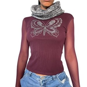 Vintage 2000s butterfly mesh long sleeves top (XS-S)